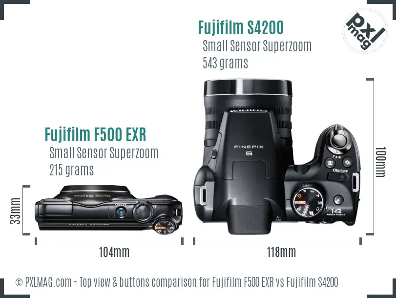 Fujifilm F500 EXR vs Fujifilm S4200 top view buttons comparison