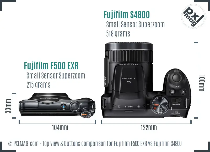 Fujifilm F500 EXR vs Fujifilm S4800 top view buttons comparison Fujifilm F500 EXR vs Fujifilm S4800 top view buttons comparison