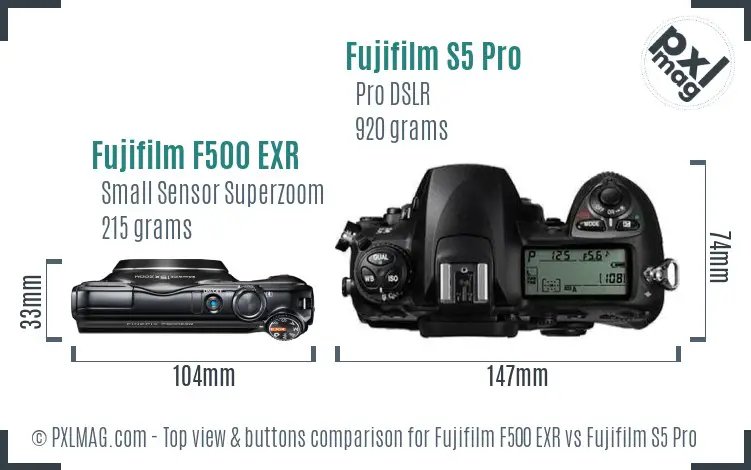 Fujifilm F500 EXR vs Fujifilm S5 Pro top view buttons comparison