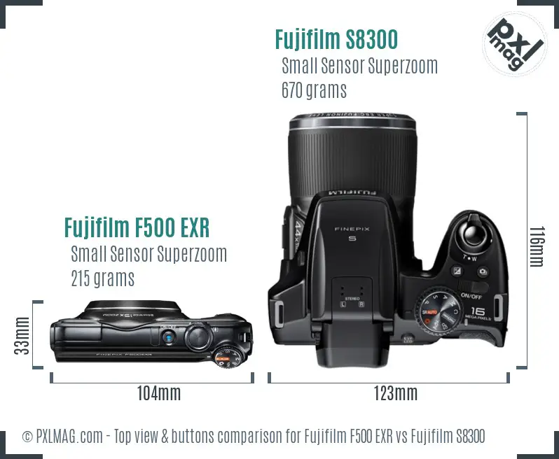Fujifilm F500 EXR vs Fujifilm S8300 top view buttons comparison Fujifilm F500 EXR vs Fujifilm S8300 top view buttons comparison