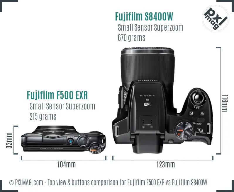 Fujifilm F500 EXR vs Fujifilm S8400W top view buttons comparison