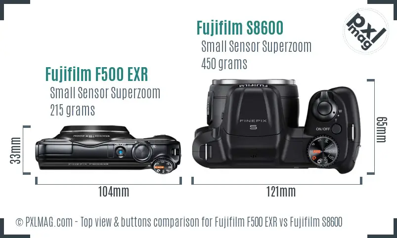 Fujifilm F500 EXR vs Fujifilm S8600 top view buttons comparison