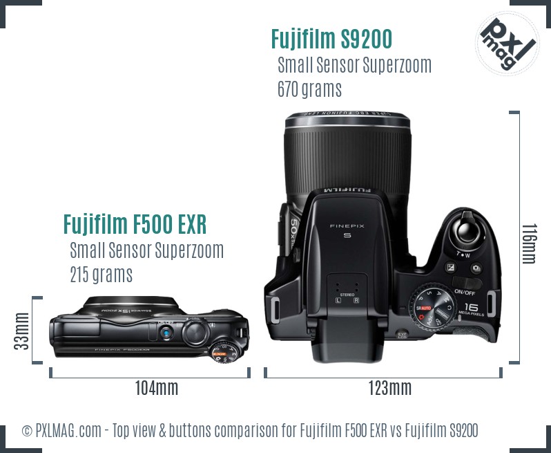 Fujifilm F500 EXR vs Fujifilm S9200 top view buttons comparison