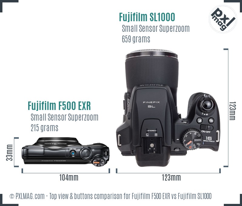 Fujifilm F500 EXR vs Fujifilm SL1000 top view buttons comparison