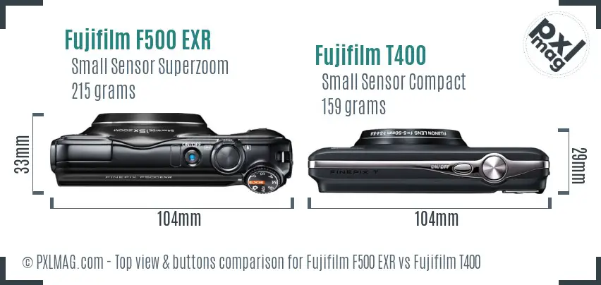 Fujifilm F500 EXR vs Fujifilm T400 top view buttons comparison