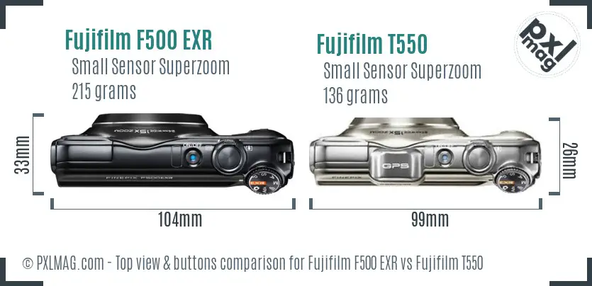 Fujifilm F500 EXR vs Fujifilm T550 top view buttons comparison