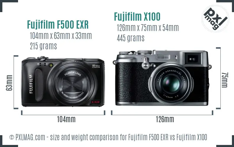 Fujifilm F500 EXR vs Fujifilm X100 size comparison Fujifilm F500 EXR vs Fujifilm X100 size comparison