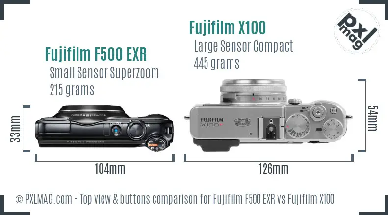 Fujifilm F500 EXR vs Fujifilm X100 top view buttons comparison Fujifilm F500 EXR vs Fujifilm X100 top view buttons comparison