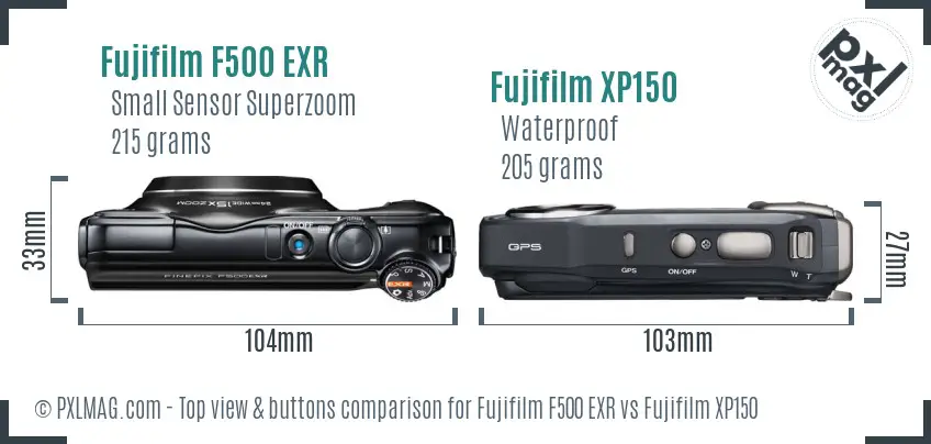 Fujifilm F500 EXR vs Fujifilm XP150 top view buttons comparison Fujifilm F500 EXR vs Fujifilm XP150 top view buttons comparison