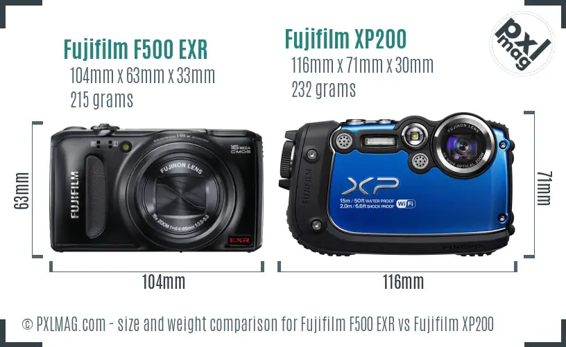 Fujifilm F500 EXR vs Fujifilm XP200 size comparison