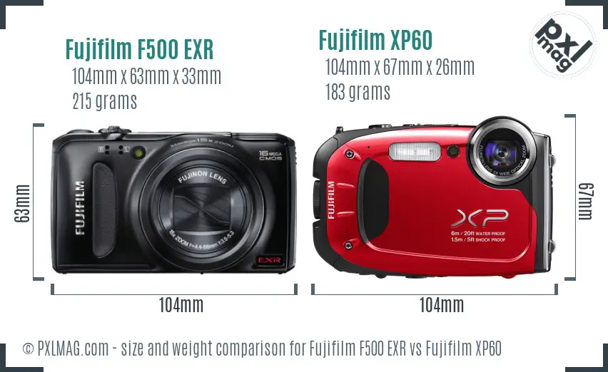 Fujifilm F500 EXR vs Fujifilm XP60 size comparison