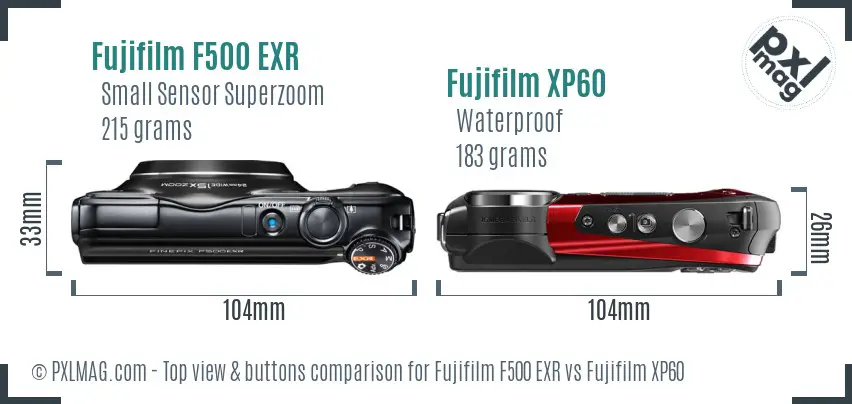 Fujifilm F500 EXR vs Fujifilm XP60 top view buttons comparison