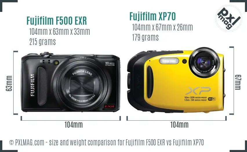 Fujifilm F500 EXR vs Fujifilm XP70 size comparison