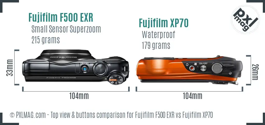 Fujifilm F500 EXR vs Fujifilm XP70 top view buttons comparison