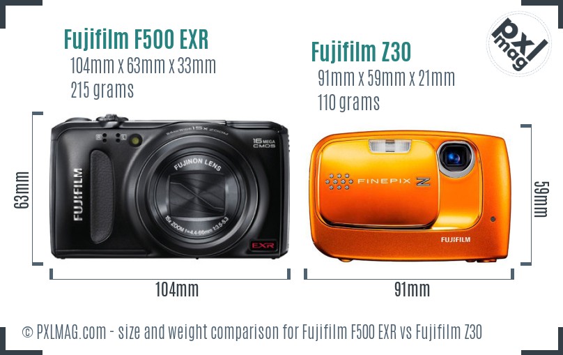 Fujifilm F500 EXR vs Fujifilm Z30 size comparison