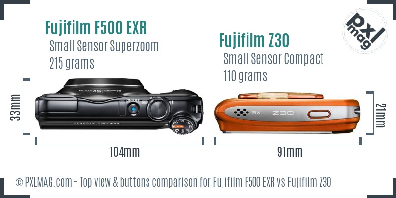 Fujifilm F500 EXR vs Fujifilm Z30 top view buttons comparison