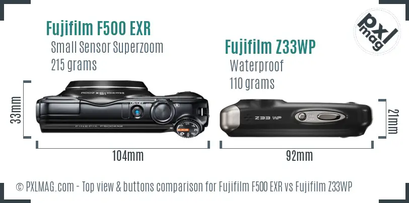 Fujifilm F500 EXR vs Fujifilm Z33WP top view buttons comparison Fujifilm F500 EXR vs Fujifilm Z33WP top view buttons comparison