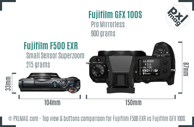 Fujifilm F500 EXR vs Fujifilm GFX 100S top view buttons comparison Fujifilm F500 EXR vs Fujifilm GFX 100S top view buttons comparison