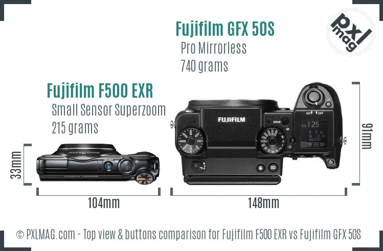 Fujifilm F500 EXR vs Fujifilm GFX 50S top view buttons comparison