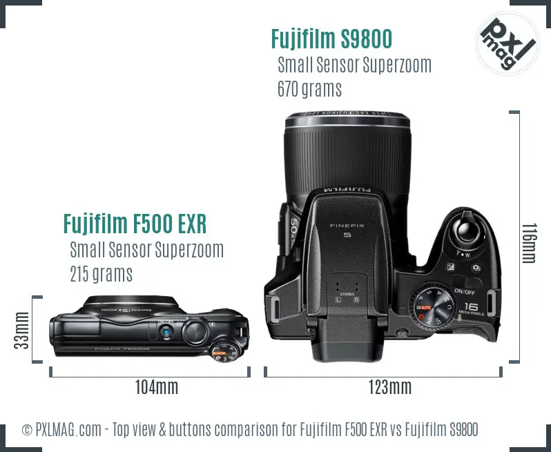 Fujifilm F500 EXR vs Fujifilm S9800 top view buttons comparison