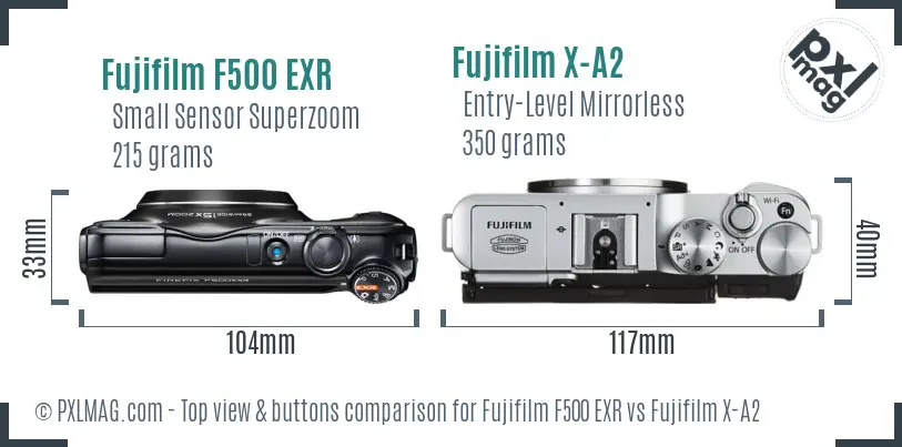 Fujifilm F500 EXR vs Fujifilm X-A2 top view buttons comparison Fujifilm F500 EXR vs Fujifilm X-A2 top view buttons comparison