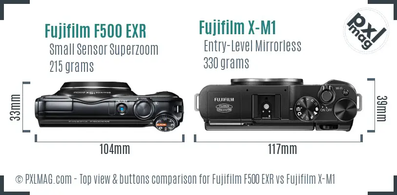Fujifilm F500 EXR vs Fujifilm X-M1 top view buttons comparison Fujifilm F500 EXR vs Fujifilm X-M1 top view buttons comparison