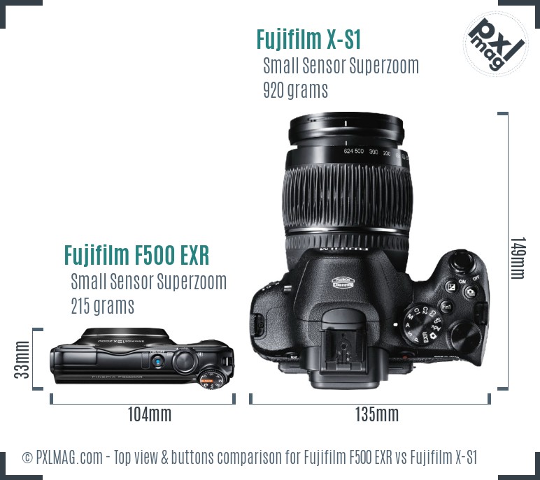 Fujifilm F500 EXR vs Fujifilm X-S1 top view buttons comparison