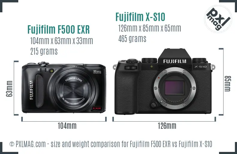 Fujifilm F500 EXR vs Fujifilm X-S10 size comparison