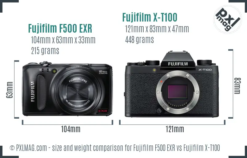 Fujifilm F500 EXR vs Fujifilm X-T100 size comparison Fujifilm F500 EXR vs Fujifilm X-T100 size comparison