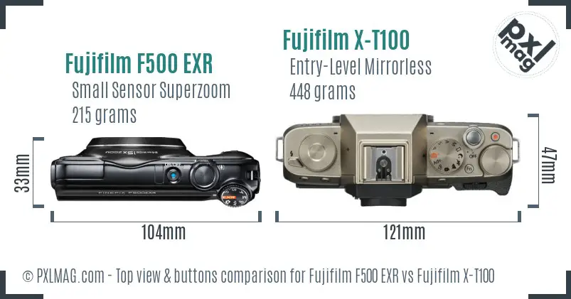 Fujifilm F500 EXR vs Fujifilm X-T100 top view buttons comparison Fujifilm F500 EXR vs Fujifilm X-T100 top view buttons comparison
