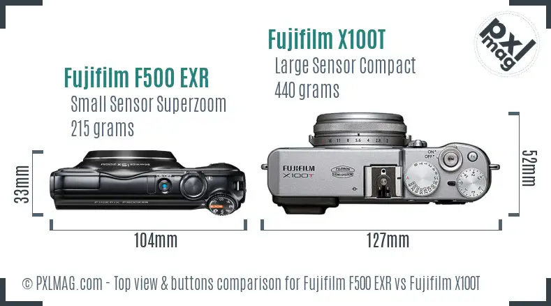 Fujifilm F500 EXR vs Fujifilm X100T top view buttons comparison