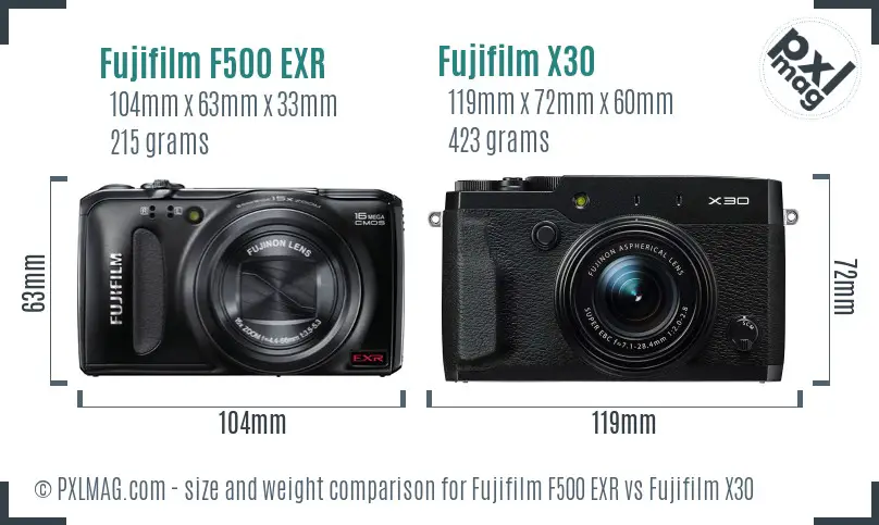 Fujifilm F500 EXR vs Fujifilm X30 size comparison
