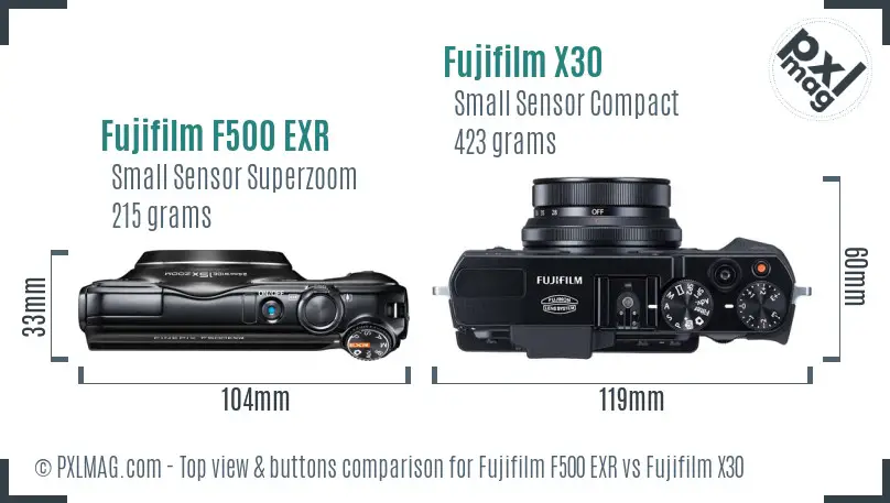 Fujifilm F500 EXR vs Fujifilm X30 top view buttons comparison