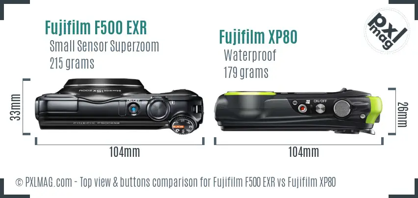 Fujifilm F500 EXR vs Fujifilm XP80 top view buttons comparison Fujifilm F500 EXR vs Fujifilm XP80 top view buttons comparison