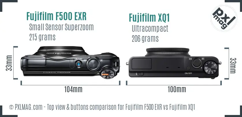 Fujifilm F500 EXR vs Fujifilm XQ1 top view buttons comparison Fujifilm F500 EXR vs Fujifilm XQ1 top view buttons comparison