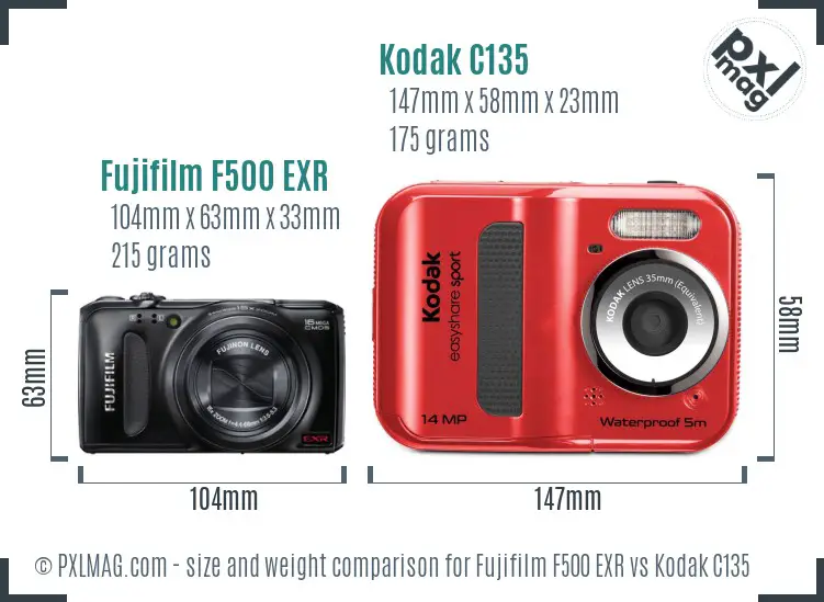 Fujifilm F500 EXR vs Kodak C135 size comparison
