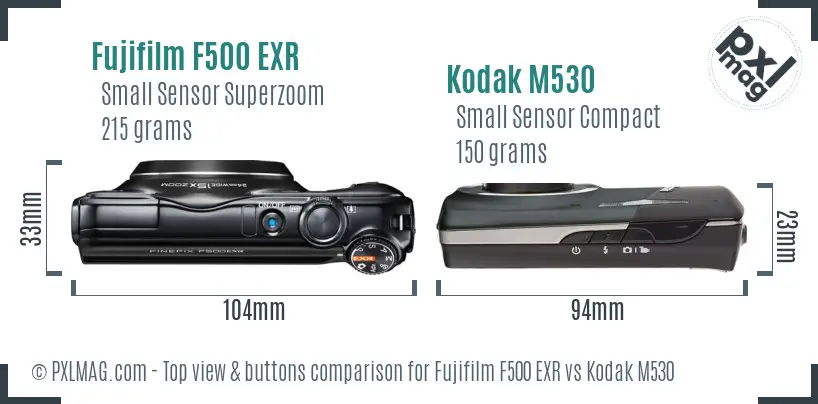 Fujifilm F500 EXR vs Kodak M530 top view buttons comparison Fujifilm F500 EXR vs Kodak M530 top view buttons comparison
