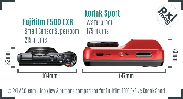 Fujifilm F500 EXR vs Kodak Sport top view buttons comparison Fujifilm F500 EXR vs Kodak Sport top view buttons comparison
