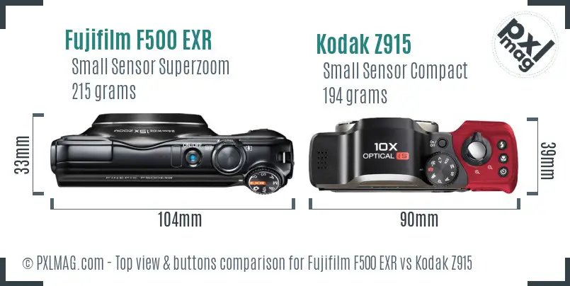 Fujifilm F500 EXR vs Kodak Z915 top view buttons comparison Fujifilm F500 EXR vs Kodak Z915 top view buttons comparison