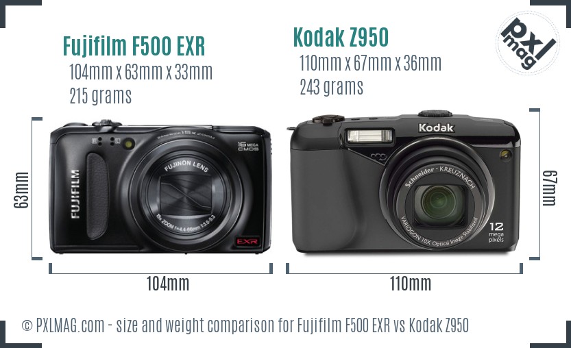 Fujifilm F500 EXR vs Kodak Z950 size comparison
