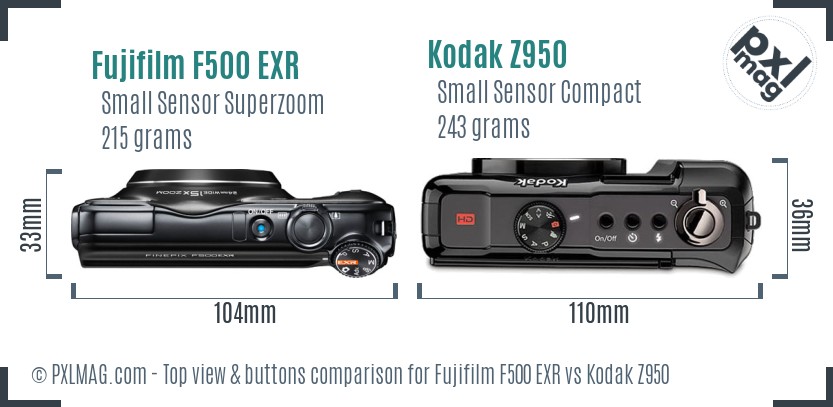 Fujifilm F500 EXR vs Kodak Z950 top view buttons comparison