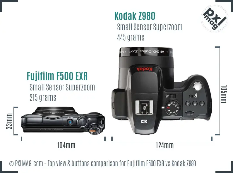 Fujifilm F500 EXR vs Kodak Z980 top view buttons comparison Fujifilm F500 EXR vs Kodak Z980 top view buttons comparison