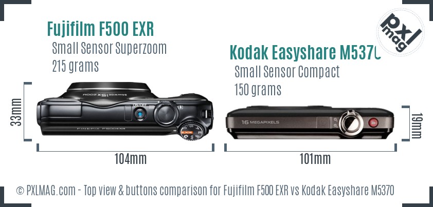Fujifilm F500 EXR vs Kodak Easyshare M5370 top view buttons comparison