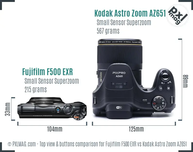 Fujifilm F500 EXR vs Kodak Astro Zoom AZ651 top view buttons comparison Fujifilm F500 EXR vs Kodak Astro Zoom AZ651 top view buttons comparison