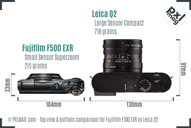 Fujifilm F500 EXR vs Leica Q2 top view buttons comparison