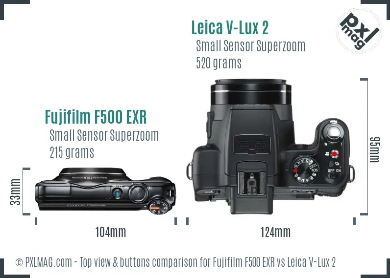 Fujifilm F500 EXR vs Leica V-Lux 2 top view buttons comparison Fujifilm F500 EXR vs Leica V-Lux 2 top view buttons comparison