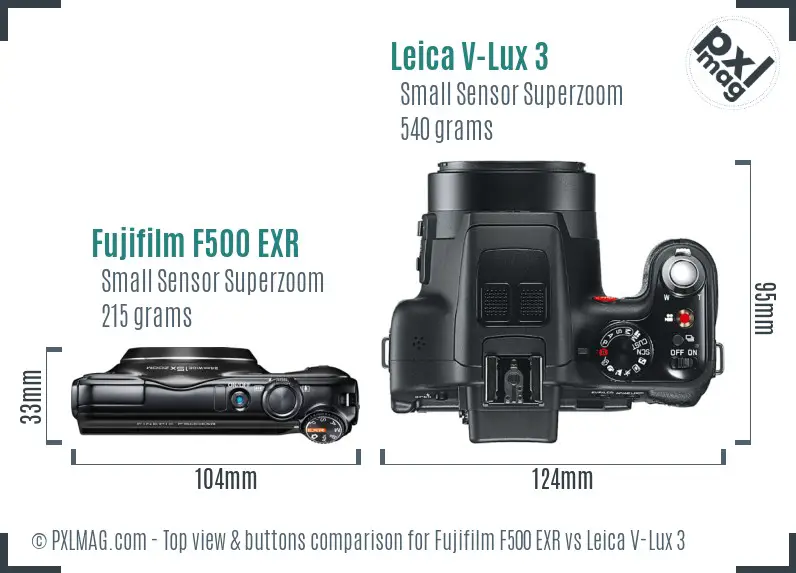 Fujifilm F500 EXR vs Leica V-Lux 3 top view buttons comparison
