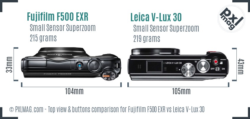 Fujifilm F500 EXR vs Leica V-Lux 30 top view buttons comparison
