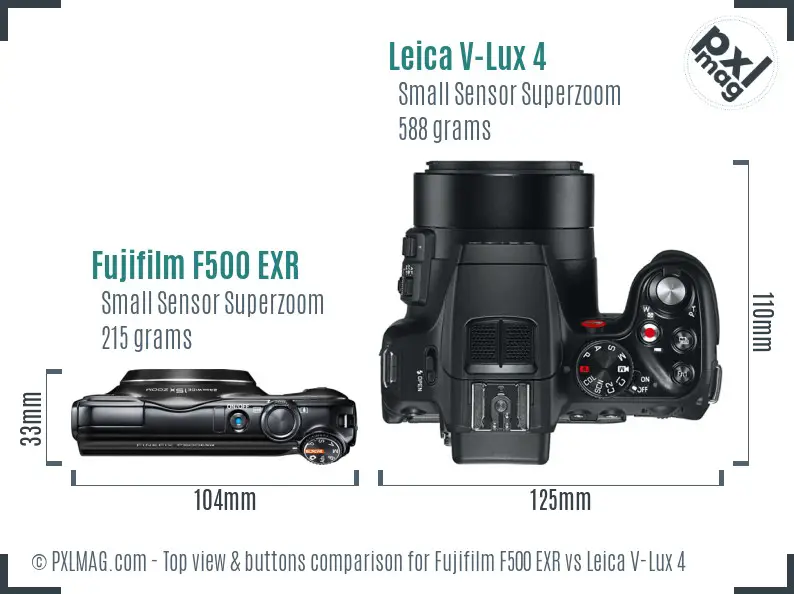 Fujifilm F500 EXR vs Leica V-Lux 4 top view buttons comparison