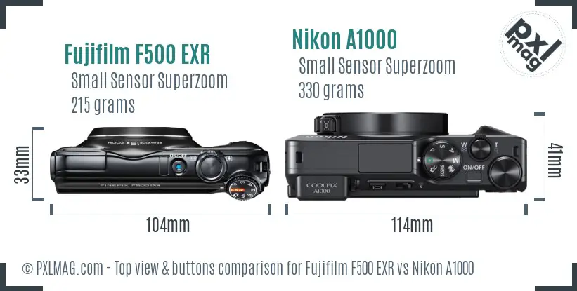 Fujifilm F500 EXR vs Nikon A1000 top view buttons comparison
